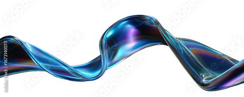Liquid glass flows on a transparent background in the form of a transparent, iridescent, shiny, wide blue wave. For designers, marketers. Popular image, illustration, object.