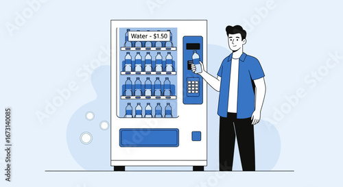 Person Purchasing Bottled Water From Vending Machine On a Clear Simplified Background