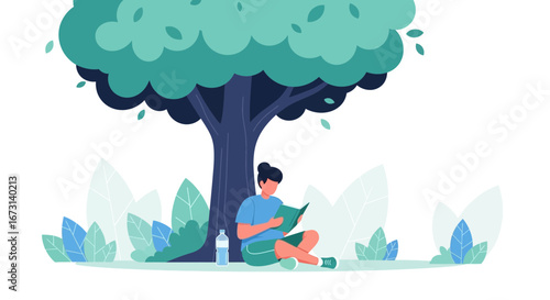 Person Reading Underneath A Tree Enjoying Leisure Time With Nature And A Bottle Of Water