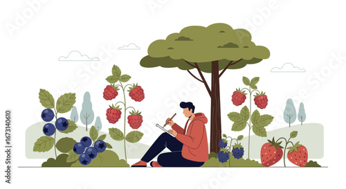 Person Sketching Berry Plants Under A Tree In A Serene, Calm, Natural, Landscape Setting