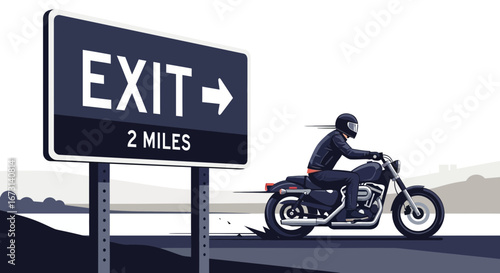 Motorbike Rider Approaching Highway Exit Sign Board While Traveling Fast On Road