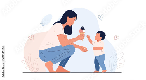 Mother Sharing Ice Cream With Her Child Depicting Maternal Love and Joyful Moments