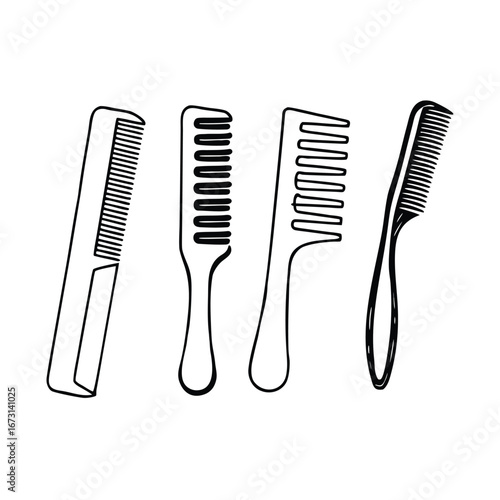 Four distinct hair combs in black and white line drawing style grooming hair care