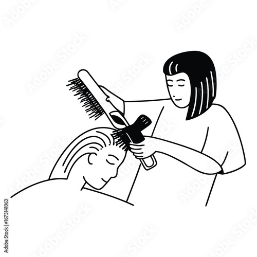 Hairdresser Drying And Styling Hair Of A Person With A Comb And Dryer client