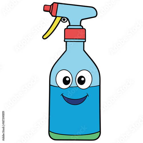 Happy Cartoon Blue Spray Bottle with Blue Liquid and Red Nozzle cleaning hygiene