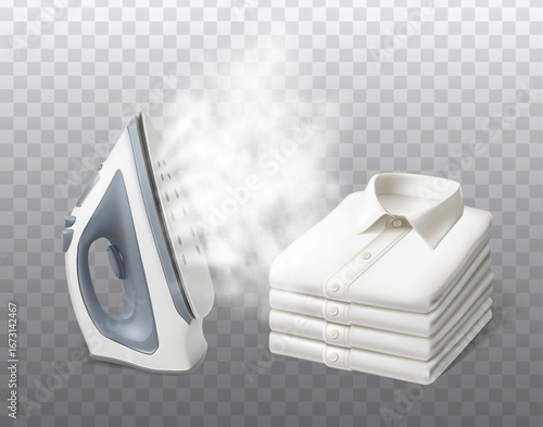 3d realistic vector icon illustration. Iron with steam flow and stack of freshly ironed clothes white shirts. Isolated on transparent background.