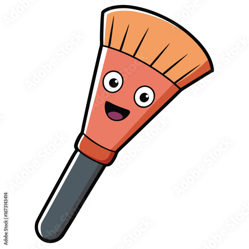 Happy Cartoon Makeup Brush with Orange Bristles and Black Handle cheerful smiling