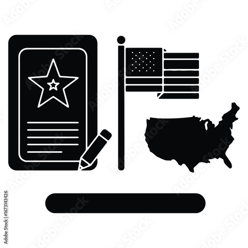American election voting patriotic symbols and flag of the United States for civic engagement with pencil icon for participation