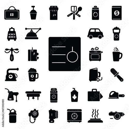 Assorted Black Icons Illustration for Creative Projects and Diverse Applications Featuring Travel Items Culinary Objects and Household Supplies Isolated on White