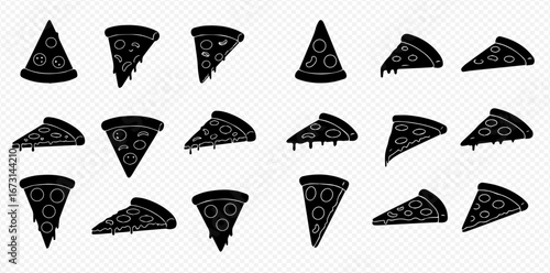 Multiple black pizza slices with pepperoni and cheese, some with dripping cheese, arranged on a transparent background.