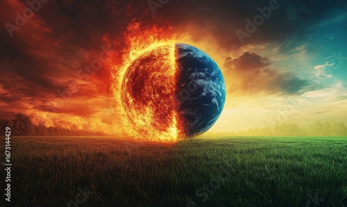 The harsh reality of climate change, depicted by a burning globe under a fiery red sky on one side, contrasted with a lush, green, thriving environment on the other, Generative AI