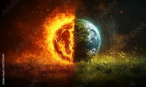 The harsh reality of climate change, depicted by a burning globe under a fiery red sky on one side, contrasted with a lush, green, thriving environment on the other, Generative AI