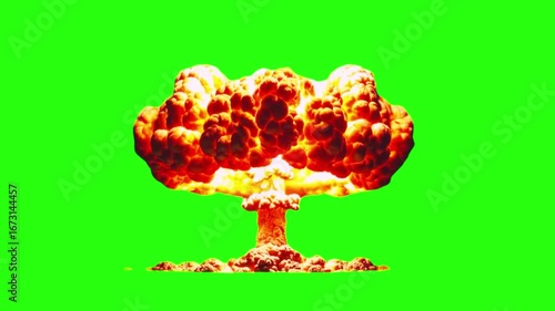 atomic bomb explosion effect on green screen, explosion of a nuclear bomb. nuclear explosion on green background. big explosion isolated. realistic nuclear explosion, Motion animation of atomic bomb