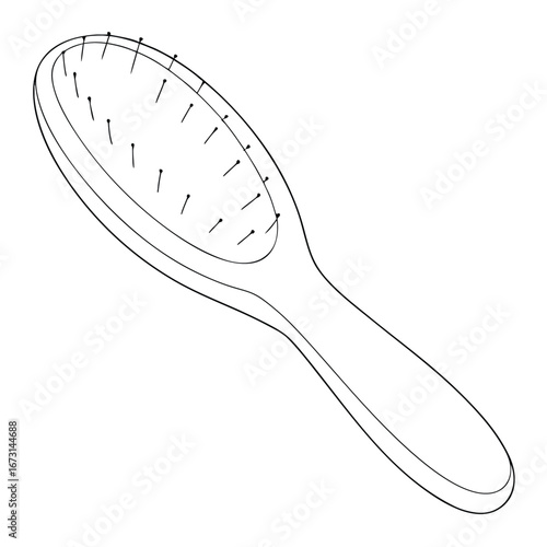 Outline drawing of an oval hairbrush with numerous thin bristles and a smooth handle hair care grooming