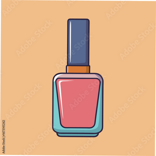 Pink Nail Polish Bottle With Blue Cap On Peach Background beauty cosmetic