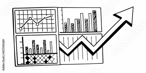 Hand drawn illustration of business charts with line graphs and a rising arrow indicating growth