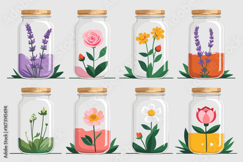 Colorful glass jars with herbal extracts, floral designs on white background  