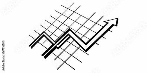 Black and white graphic illustration of a rising trend line on a grid representing growth and progress