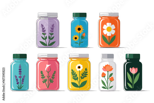 Colorful flower jars with herbal extracts, various floral designs in bright hues  