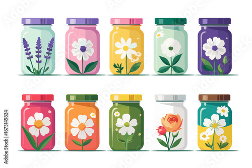 Colorful jars with herbal extracts, floral designs on white background  
