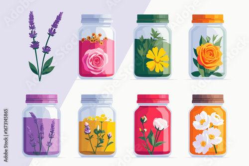 Colorful jars with herbal extracts, assorted flowers and lavender illustrations  