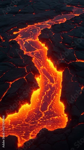 Fiery river of molten lava flowing through a cracked, dark landscape. The vivid orange and red hues of the lava contrast against the dark, textured surface.