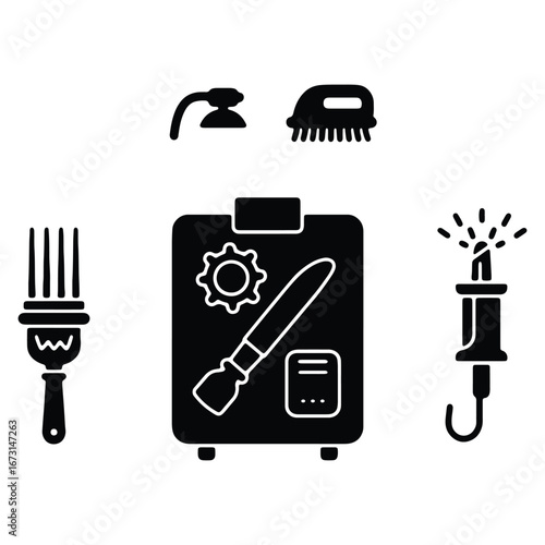 Detailed cleaning service equipment vector graphic representing professional house or business cleaning with various tools