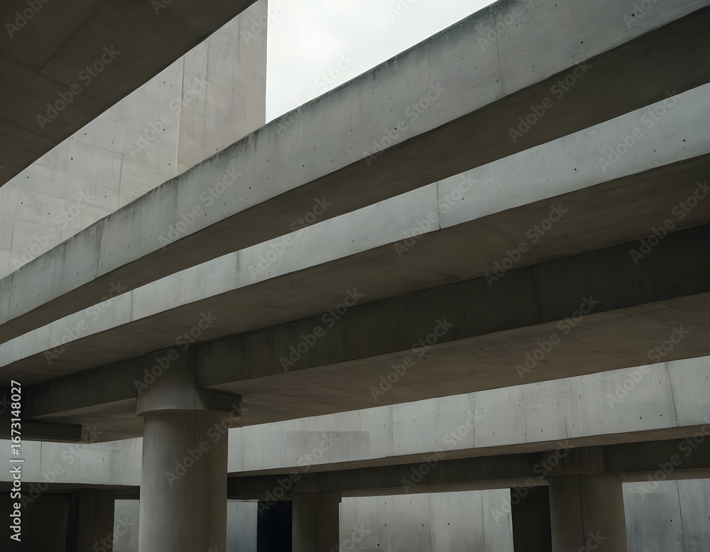 Fototapeta premium Industrial Grey Concrete Structure with Beams and Pillars Underside View