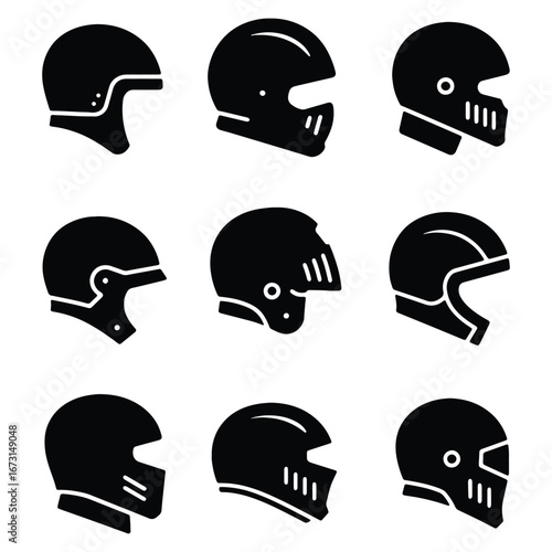 Set of motorcycle helmet icons in various styles representing protection and safety gear for riders in black and white vector format