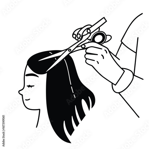 Stylized illustration of a hairdresser cutting a woman's hair with scissors hair stylist cutting hair