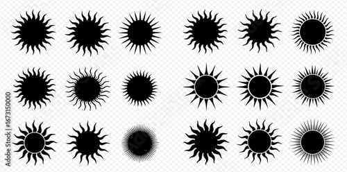 Collection of sixteen sun icons, each with a unique ray design, presented in a grid arrangement against a transparent background.