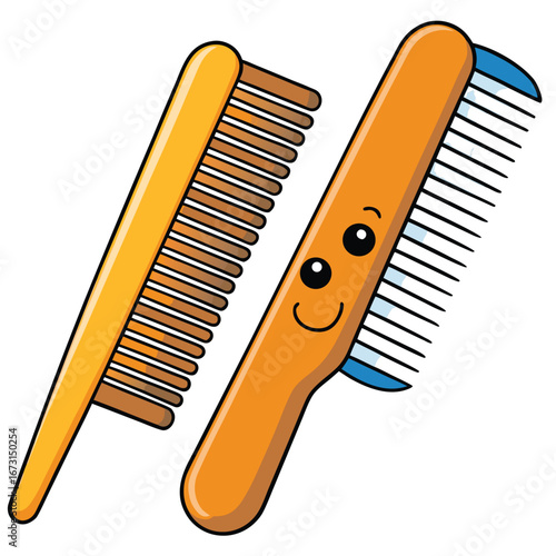 Two Cartoon Combs, One with a Happy Face, on a White Background hair combs hair styling