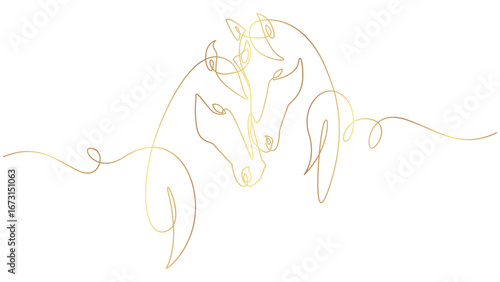 Elegantly Designed Golden Line Art: Two Horses in a Gentle Embrace on White