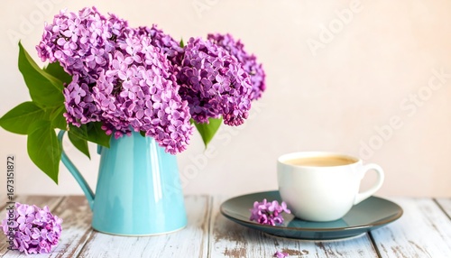 Lilac bouquet in a pitcher with coffee cup