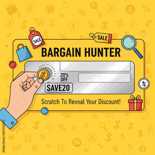 Hand scratching a discount code reveal on a bargain hunter promotional card.
