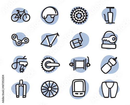 Spare parts for the bike. Set of hand-drawn conceptual illustrations. Cartoon style in vector.