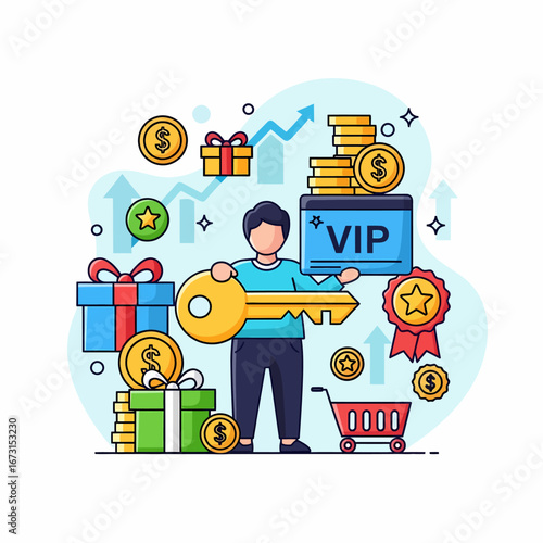 A person holding a key and VIP sign surrounded by rewards and financial growth symbols.