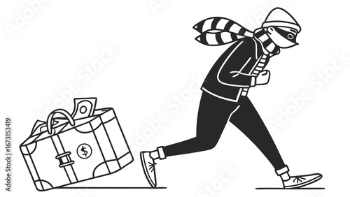 Thief escaping with stolen cash in suitcase. Black and white cartoon illustration of financial crime and robbery concept.