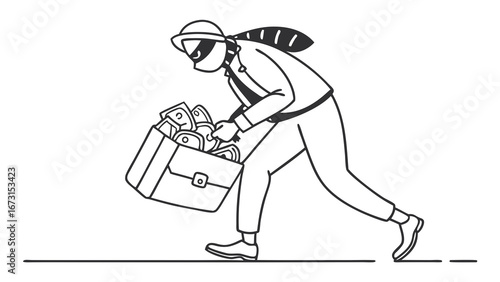 Masked thief running with briefcase full of stolen money. Financial crime, fraud, and embezzlement concept illustration.