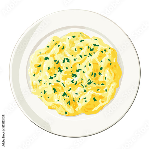 flat vector of scrambled eggs with herbs on a plate