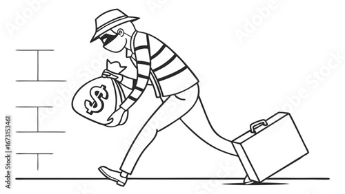 Cartoon Thief Running with Money Bag and Suitcase - Line Art Illustration of a Masked Burglar Escaping