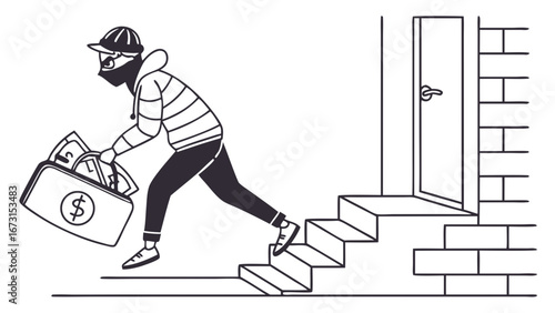 Robber escaping with stolen money bag, running down stairs from a building