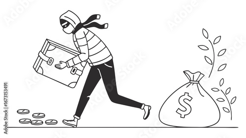Masked robber escaping with stolen suitcase and money bag, dropping coins. Financial crime, theft, and security concept illustration.
