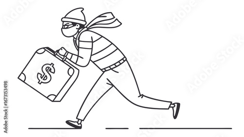 Cartoon thief running with stolen money briefcase. Financial crime, robbery, and fraud concept. Black and white line art.