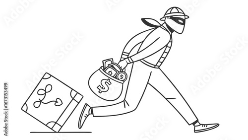 Masked thief running with money bag and suitcase after a robbery, crime and theft concept illustration