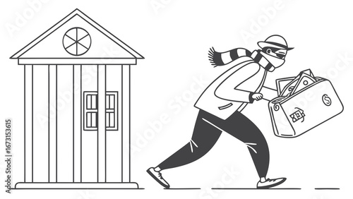 Masked Thief Escaping Bank with Stolen Money - Financial Crime, Robbery, and Security Breach Concept Illustration