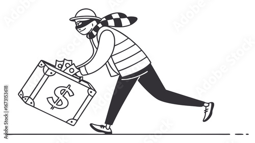 Cartoon thief running with briefcase full of money. Financial crime, robbery, theft, and illicit gains illustration.
