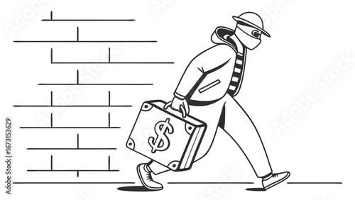 Masked criminal running away with a briefcase full of money. Concept of theft, financial crime, corruption, and illicit gains.