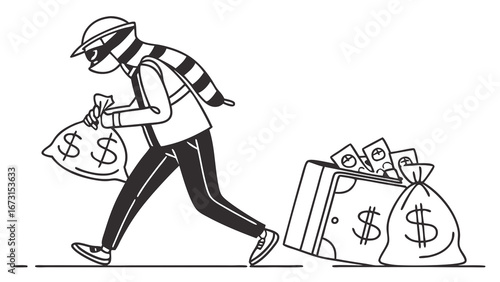 Sneaky burglar escaping with stolen money bags and cash-filled suitcase. Financial crime, robbery, theft illustration.
