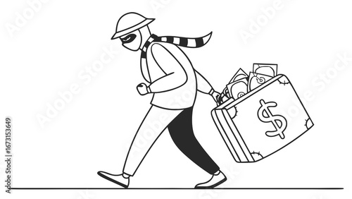 Cartoon Thief Stealing Money in Briefcase - Financial Fraud & Crime Concept